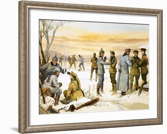 British and German Soldiers Hold a Christmas Truce During the Great War-Angus Mcbride-Framed Giclee Print