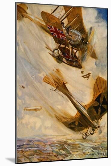 British Biplane Bringing Down a German Taube Monoplane with Pistol Fire, Early in the War-Cyrus Cuneo-Mounted Giclee Print
