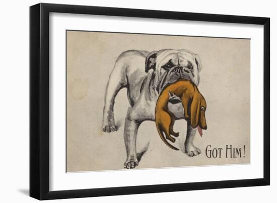 British Bulldog with Defeated German Dachshund in His Mouth-null-Framed Giclee Print