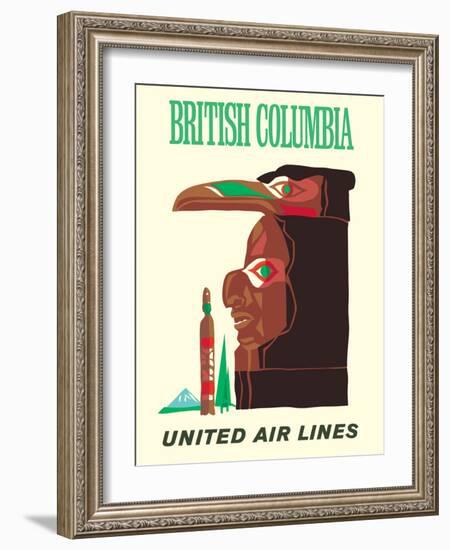 British Columbia - United Air Lines - Northwest Totem Pole - Vintage Airline Travel Poster, 1960s-Pacifica Island Art-Framed Art Print