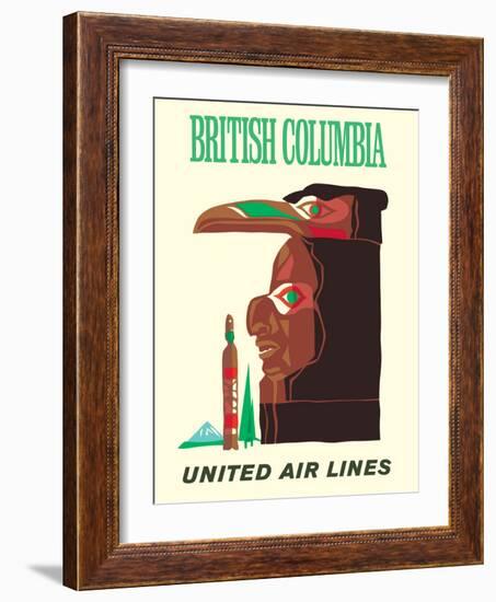 British Columbia - United Air Lines - Northwest Totem Pole - Vintage Airline Travel Poster, 1960s-Pacifica Island Art-Framed Art Print