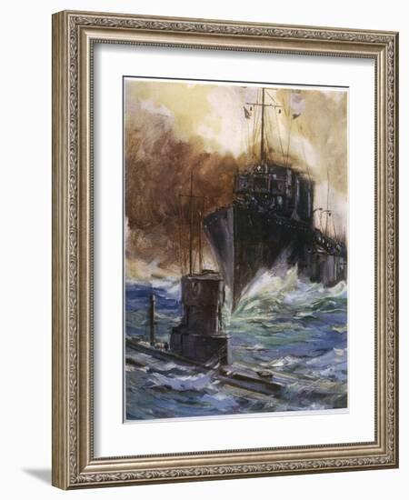 British Destroyer "Badger" Rams and Damages a U-Boat off the Dutch Coast-Cyrus Cuneo-Framed Photographic Print