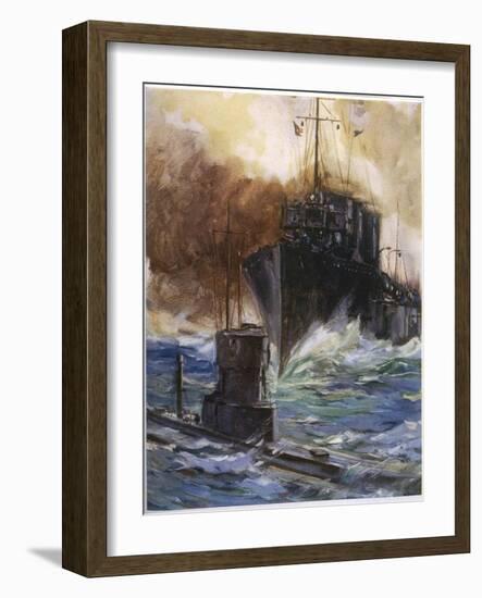 British Destroyer "Badger" Rams and Damages a U-Boat off the Dutch Coast-Cyrus Cuneo-Framed Photographic Print