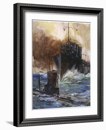 British Destroyer "Badger" Rams and Damages a U-Boat off the Dutch Coast-Cyrus Cuneo-Framed Photographic Print