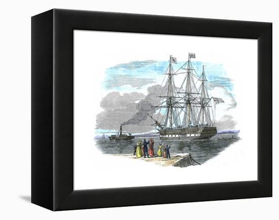 British Emigrant Ship Being Towed Out of Harbour before Setting Sail for Sydney, Australia-null-Framed Premier Image Canvas