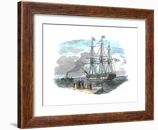 British Emigrant Ship Being Towed Out of Harbour before Setting Sail for Sydney, Australia-null-Framed Giclee Print