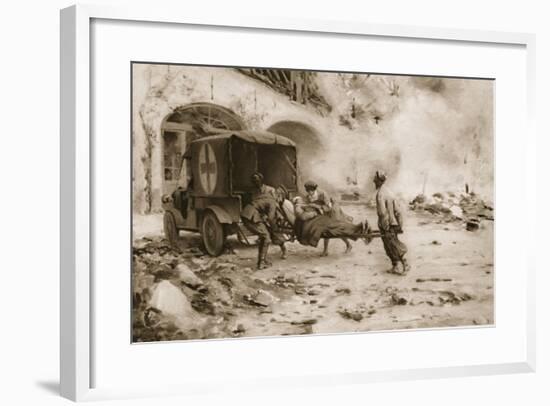 British 'Flying' Ambulance at the Western Front Attending a Wounded Man-null-Framed Giclee Print