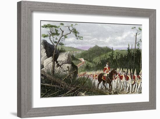 British General Braddock Marching to Fort Duquesne in the French and Indian War, c.1755-null-Framed Giclee Print