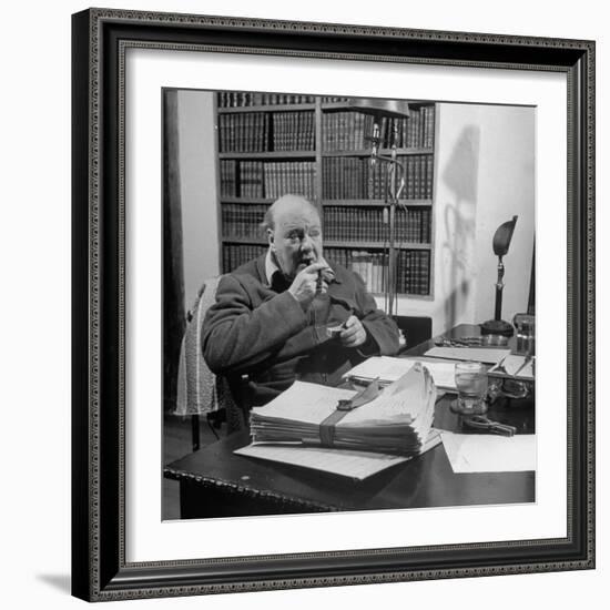 British Leader Winston Churchill Smoking a Cigar at His Desk-Nat Farbman-Framed Premium Photographic Print