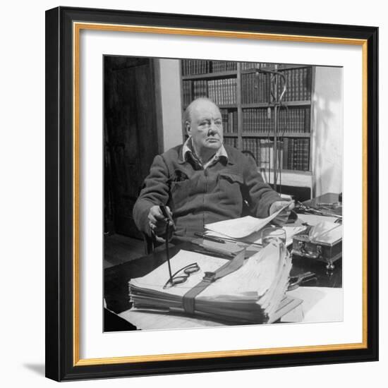 British Leader Winston Churchill Working in His Office, with Cigar in His Hand-null-Framed Photographic Print