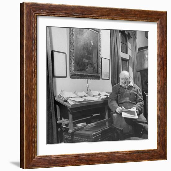 British Leader Winston Churchill Working in His Office, with Painting of Wife Hanging on the Wall-null-Framed Photographic Print