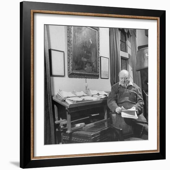 British Leader Winston Churchill Working in His Office, with Painting of Wife Hanging on the Wall-null-Framed Photographic Print