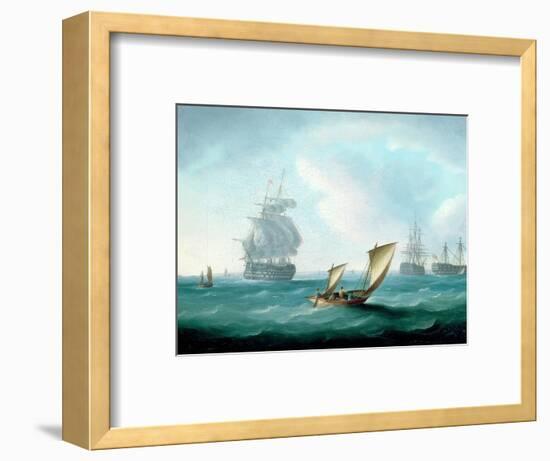 British Men-O'-War and a Hulk in a Swell, a Sailing Boat in the Foreground-Thomas Buttersworth-Framed Premium Giclee Print