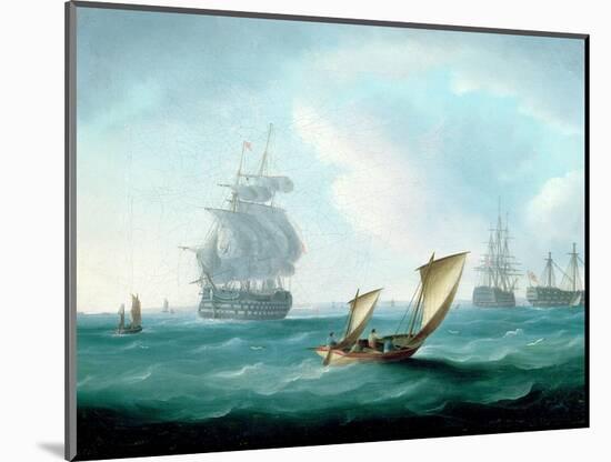 British Men-O'-War and a Hulk in a Swell, a Sailing Boat in the Foreground-Thomas Buttersworth-Mounted Premium Giclee Print