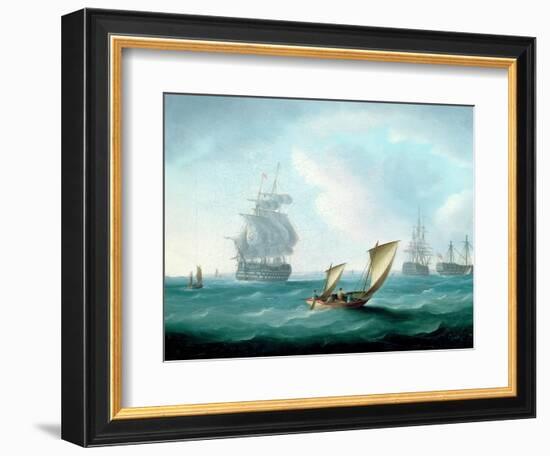 British Men-O'-War and a Hulk in a Swell, a Sailing Boat in the Foreground-Thomas Buttersworth-Framed Premium Giclee Print