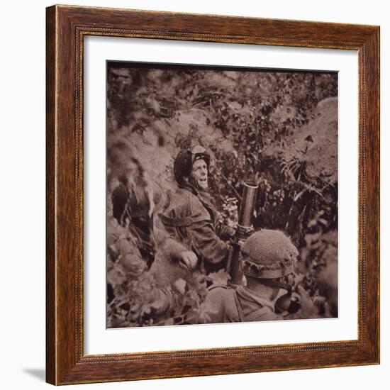 British Paratroopers Bombard German Positions with Mortars, Battle of Arnhem, 1944 (B/W Photo)-English-Framed Giclee Print