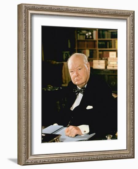 British Politician Sir Winston Churchill, Formal Portrait at Desk-Carl Mydans-Framed Premium Photographic Print