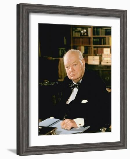 British Politician Sir Winston Churchill, Formal Portrait at Desk-Carl Mydans-Framed Premium Photographic Print