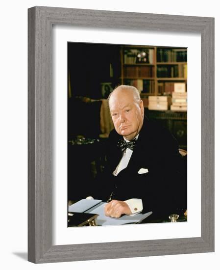 British Politician Sir Winston Churchill, Formal Portrait at Desk-Carl Mydans-Framed Premium Photographic Print