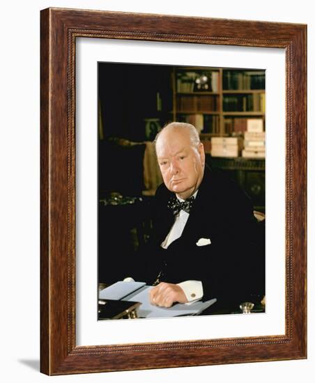 British Politician Sir Winston Churchill, Formal Portrait at Desk-Carl Mydans-Framed Premium Photographic Print