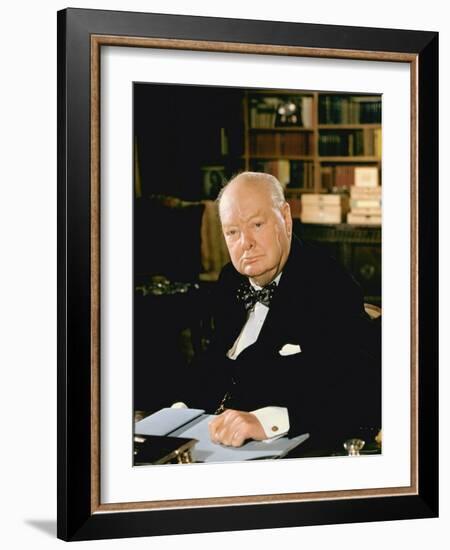 British Politician Sir Winston Churchill, Formal Portrait at Desk-Carl Mydans-Framed Premium Photographic Print