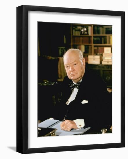 British Politician Sir Winston Churchill, Formal Portrait at Desk-Carl Mydans-Framed Premium Photographic Print