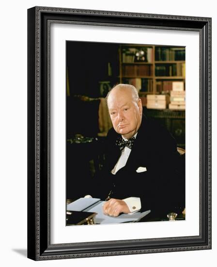 British Politician Sir Winston Churchill, Formal Portrait at Desk-Carl Mydans-Framed Premium Photographic Print