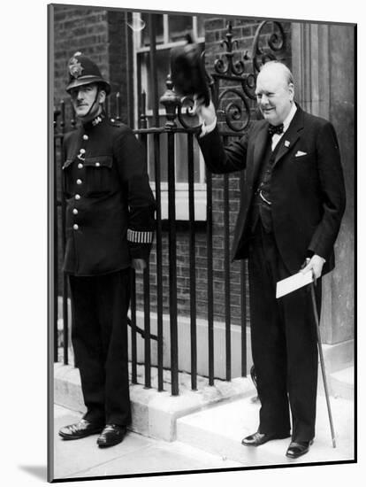 British Prime Minister Winston Churchill Doffing Hat Outside of 10 Downing St-null-Mounted Premium Photographic Print