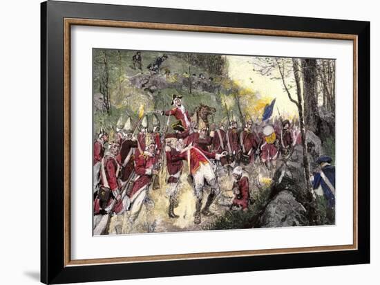 British Retreat from Concord under Fire from Colonial Minutemen in Ambush, c.1775-null-Framed Giclee Print