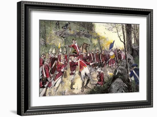 British Retreat from Concord under Fire from Colonial Minutemen in Ambush, c.1775-null-Framed Giclee Print