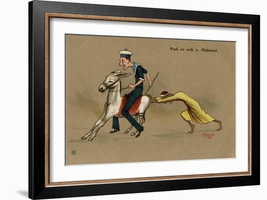 British Sailor on a Mule, Pushed by Egyptian Man-V. Manavian-Framed Art Print