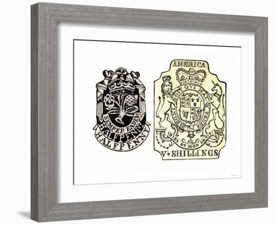 British Stamps for America Issued under the Stamp Act for a Half-Penny and Five Shillings-null-Framed Giclee Print