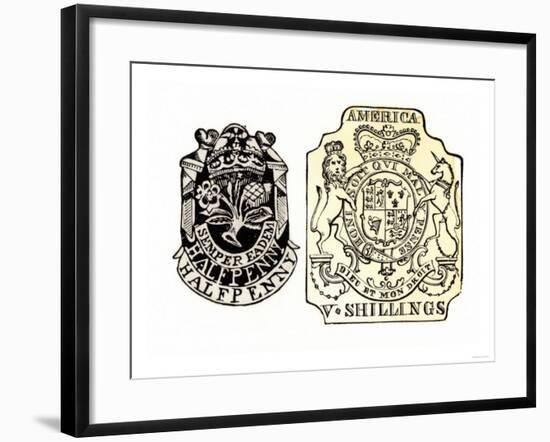 British Stamps for America Issued under the Stamp Act for a Half-Penny and Five Shillings-null-Framed Giclee Print