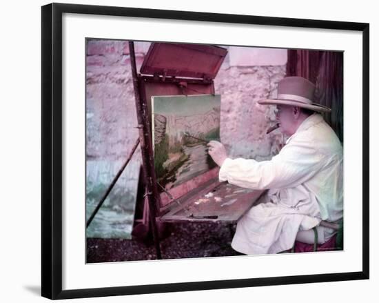 British Statesman Winston Churchill Painting a View of the Sorgue River While on Vacation-Frank Scherschel-Framed Premium Photographic Print