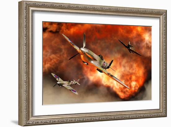 British Supermarine Spitfires Bursting Through Explosive Flames-null-Framed Art Print