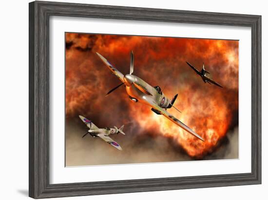 British Supermarine Spitfires Bursting Through Explosive Flames-null-Framed Art Print