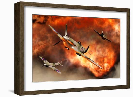 British Supermarine Spitfires Bursting Through Explosive Flames-null-Framed Art Print