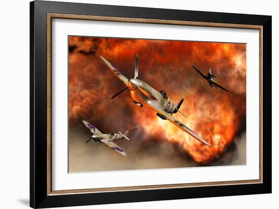 British Supermarine Spitfires Bursting Through Explosive Flames-null-Framed Art Print