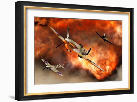 British Supermarine Spitfires Bursting Through Explosive Flames-null-Framed Art Print