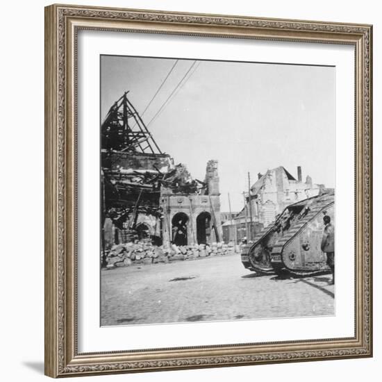 British Tank in Front of Ruined Buildings, Peronne, France, World War I, C1916-C1918-Nightingale & Co-Framed Giclee Print