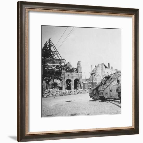 British Tank in Front of Ruined Buildings, Peronne, France, World War I, C1916-C1918-Nightingale & Co-Framed Giclee Print