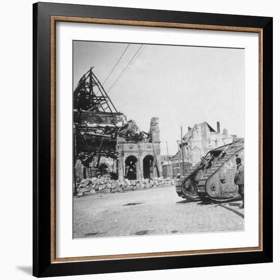 British Tank in Front of Ruined Buildings, Peronne, France, World War I, C1916-C1918-Nightingale & Co-Framed Giclee Print