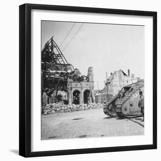 British Tank in Front of Ruined Buildings, Peronne, France, World War I, C1916-C1918-Nightingale & Co-Framed Giclee Print