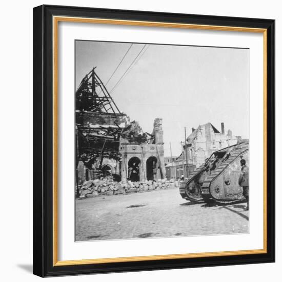 British Tank in Front of Ruined Buildings, Peronne, France, World War I, C1916-C1918-Nightingale & Co-Framed Giclee Print