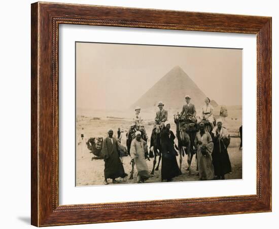 British Tourists Seated on Camels in Front of the Great Pyramid, Giza, Egypt, 1936-null-Framed Photographic Print