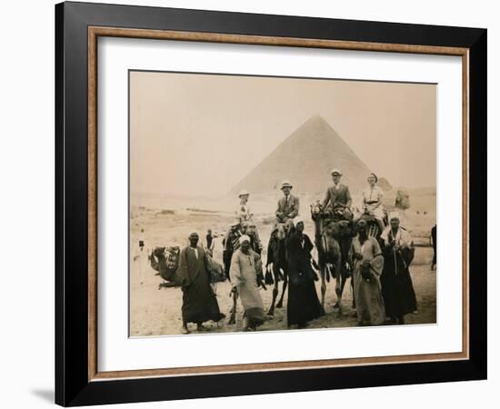 British Tourists Seated on Camels in Front of the Great Pyramid, Giza, Egypt, 1936-null-Framed Photographic Print