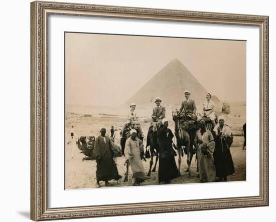 British Tourists Seated on Camels in Front of the Great Pyramid, Giza, Egypt, 1936-null-Framed Photographic Print