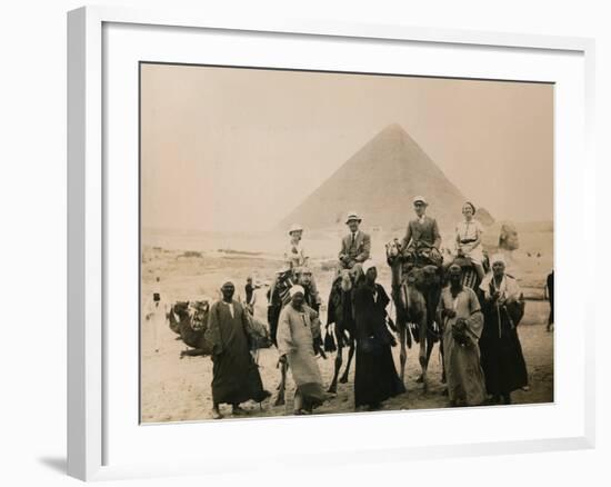 British Tourists Seated on Camels in Front of the Great Pyramid, Giza, Egypt, 1936-null-Framed Photographic Print