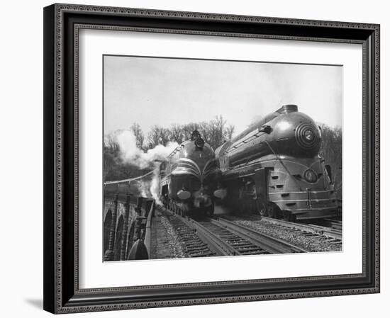 British Train, "Coronation Scot" alongside American Locomotives-Hansel Mieth-Framed Photographic Print