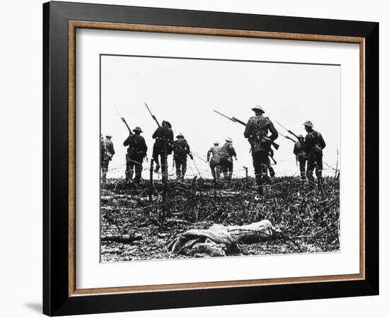 British Troops Advance Through Barbed Wire across No Mans Land-Robert Hunt-Framed Photographic Print